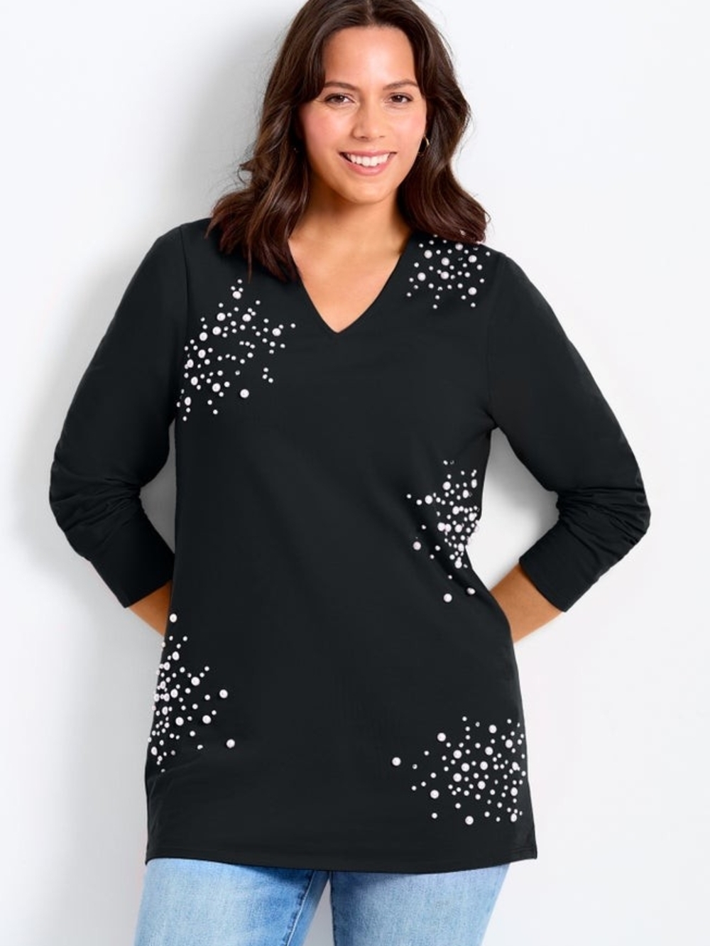 Avenue Black V-Neck Tunic with White Dot Cluster Print